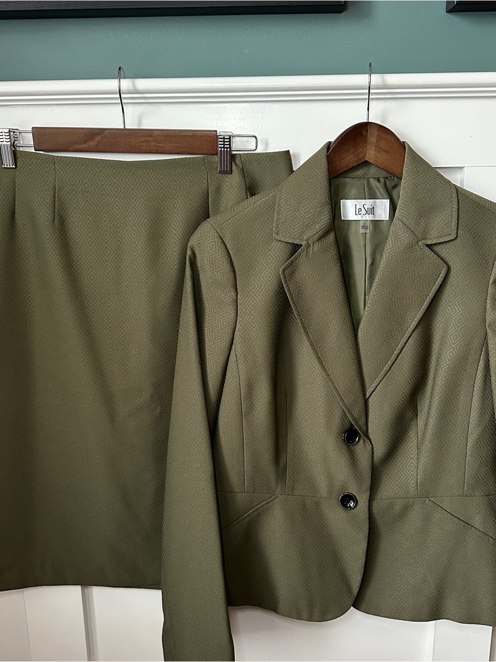 Le Suit Olive Green Tailored Blazer & Skirt Set